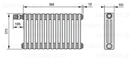 Схема (чертеж) Радиатор Zehnder Charleston 3057/13 №V011 Technoline TL